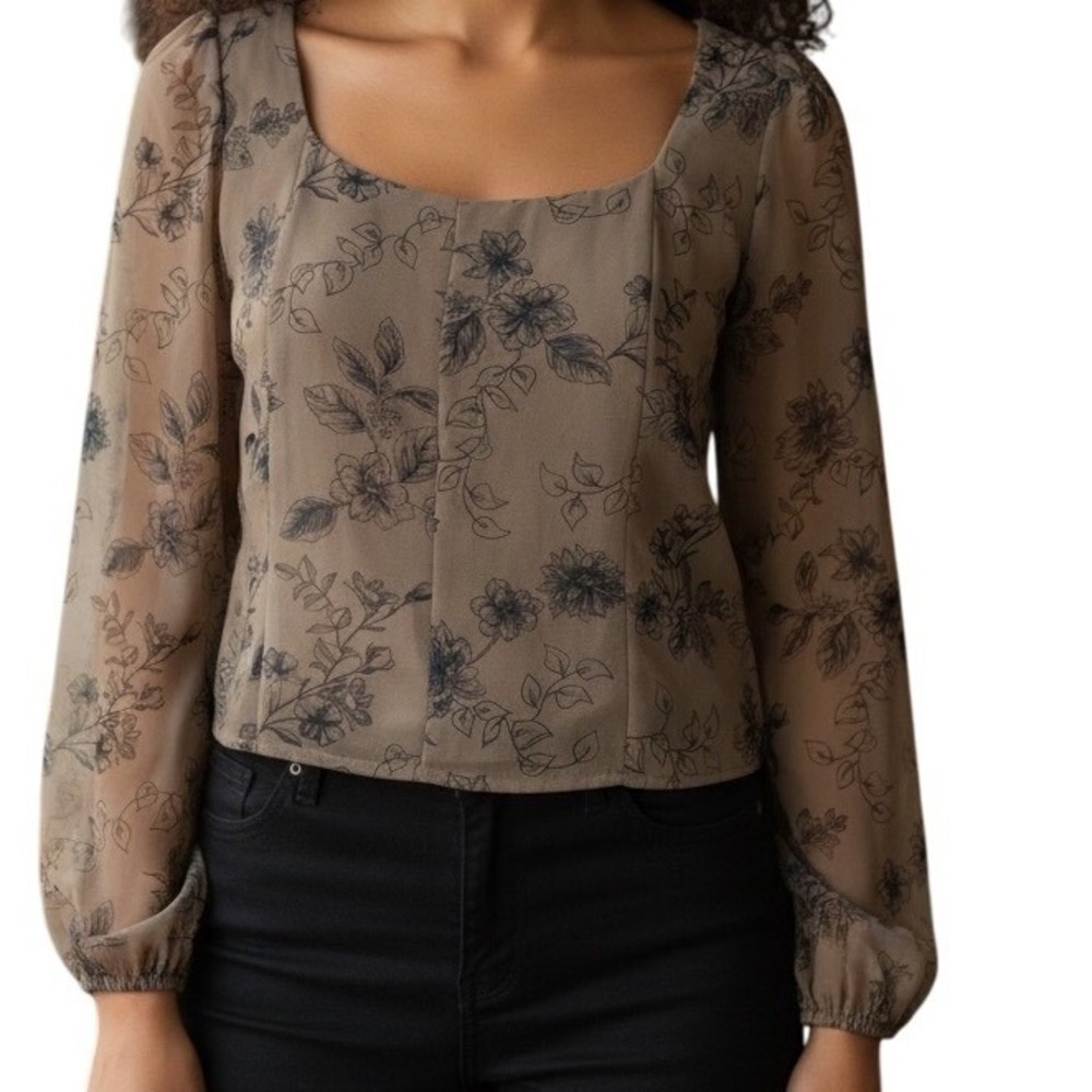 HOUSE OF HARLOW 1960 Square Neck Floral Semi Sheer L/S Crop Top EUC Small